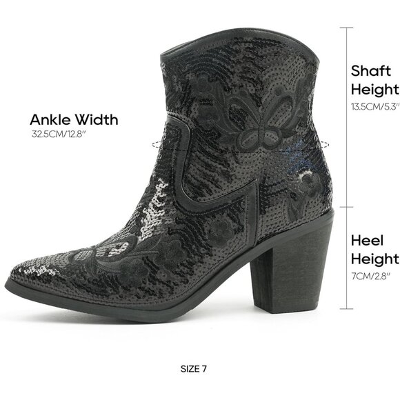 Jabasic Womens Black Western Ankle Shoes with Zipper Short Pointed Toe Booties - Picture 4 of 7